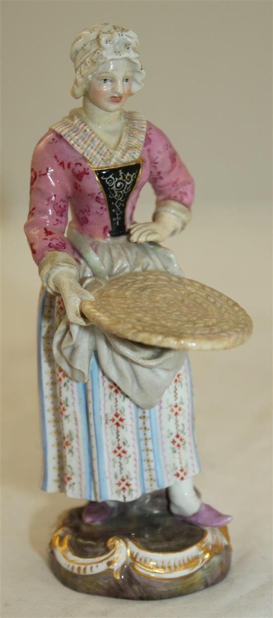 A Meissen figure of a female street vendor, 19th century, 14cm, restored